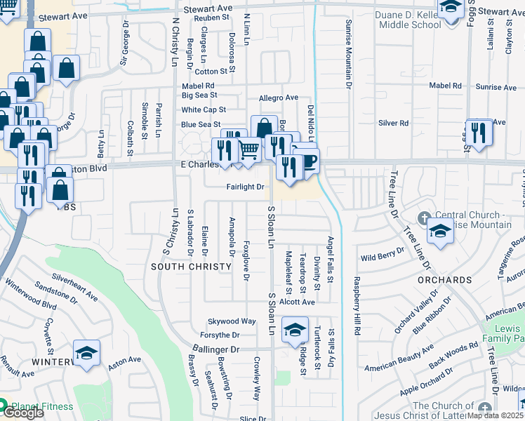 map of restaurants, bars, coffee shops, grocery stores, and more near 5751 Blossom View Avenue in Las Vegas