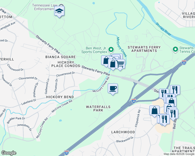 map of restaurants, bars, coffee shops, grocery stores, and more near 3244 Cloverwood Drive in Nashville