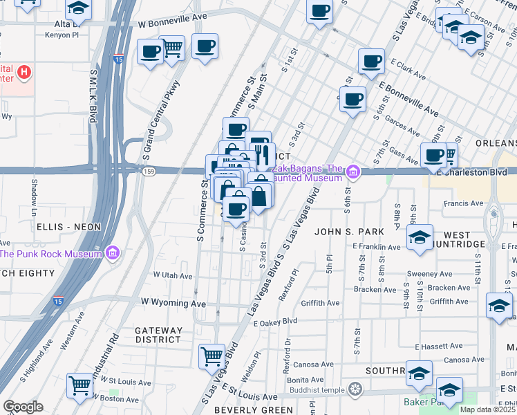 map of restaurants, bars, coffee shops, grocery stores, and more near 1129 South Casino Center Boulevard in Las Vegas