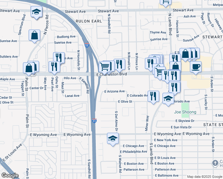 map of restaurants, bars, coffee shops, grocery stores, and more near 3890 East Arizona Avenue in Las Vegas
