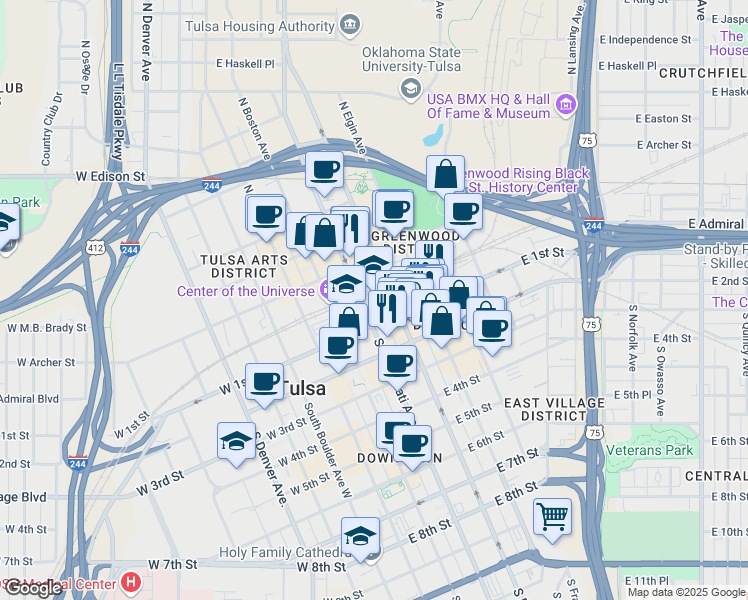 map of restaurants, bars, coffee shops, grocery stores, and more near 2 South Elgin Avenue in Tulsa