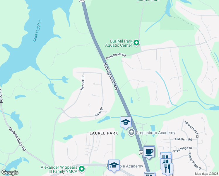 map of restaurants, bars, coffee shops, grocery stores, and more near 4087 Battleground Avenue in Greensboro