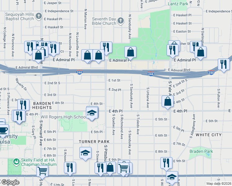 map of restaurants, bars, coffee shops, grocery stores, and more near 209 South Quebec Avenue in Tulsa