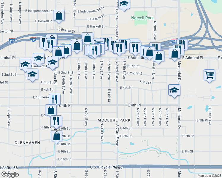 map of restaurants, bars, coffee shops, grocery stores, and more near 403 South 72nd East Avenue in Tulsa