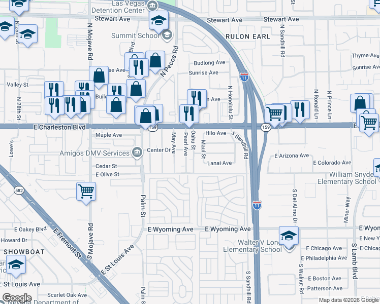 map of restaurants, bars, coffee shops, grocery stores, and more near 1252 Oahu Street in Las Vegas