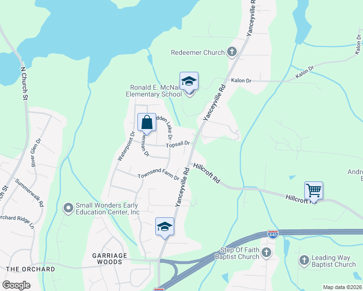 map of restaurants, bars, coffee shops, grocery stores, and more near 903 Topsail Drive in Browns Summit
