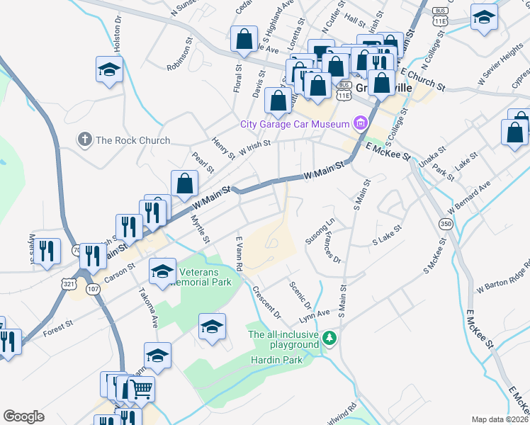 map of restaurants, bars, coffee shops, grocery stores, and more near 204 Aspen Street in Greeneville