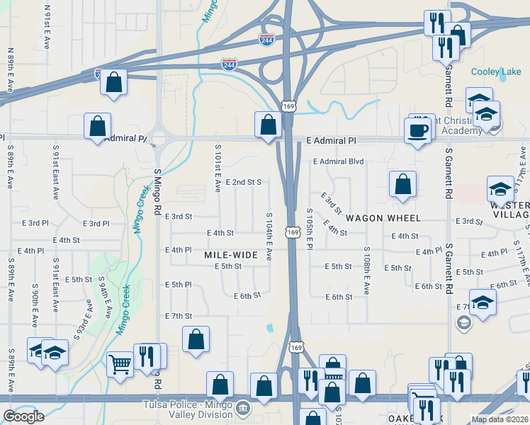map of restaurants, bars, coffee shops, grocery stores, and more near 227 South 104th East Avenue in Tulsa