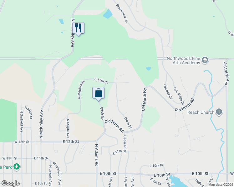 map of restaurants, bars, coffee shops, grocery stores, and more near 1610 Old North Road Place in Sand Springs