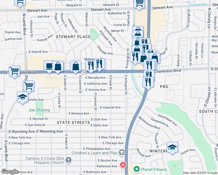 map of restaurants, bars, coffee shops, grocery stores, and more near 4895 East California Avenue in Las Vegas