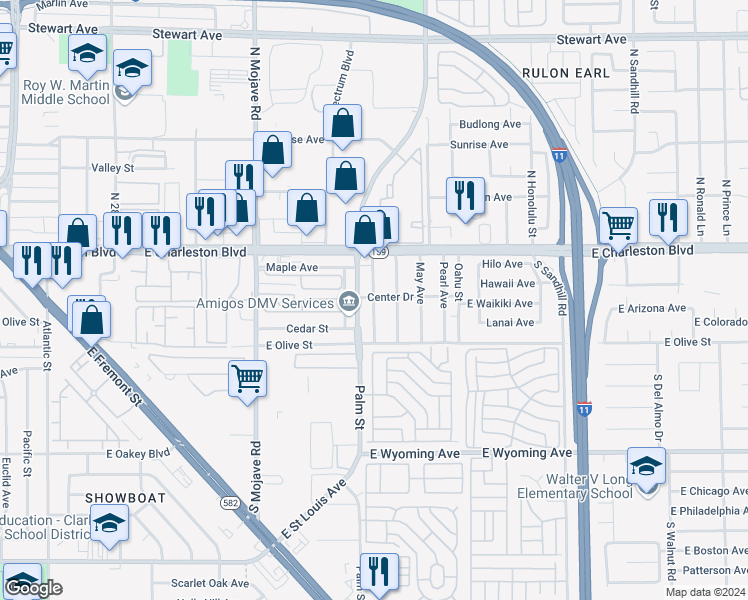 map of restaurants, bars, coffee shops, grocery stores, and more near 1027 Palm Street in Las Vegas
