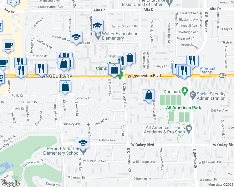 map of restaurants, bars, coffee shops, grocery stores, and more near 1251 South Cimarron Road in Las Vegas