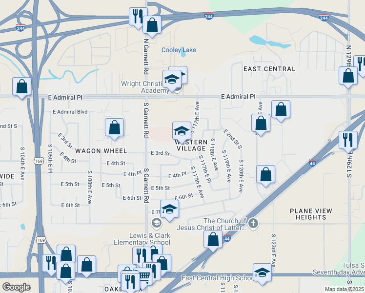 map of restaurants, bars, coffee shops, grocery stores, and more near 202 South 117th East Avenue in Tulsa