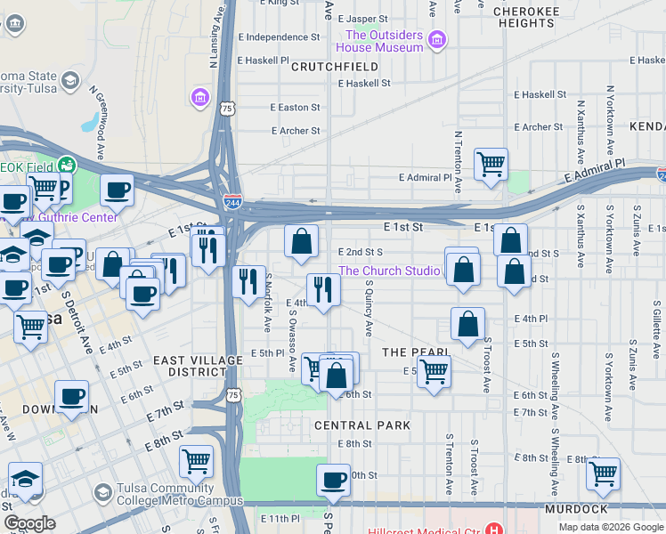 map of restaurants, bars, coffee shops, grocery stores, and more near 1232 East 2nd Street in Tulsa