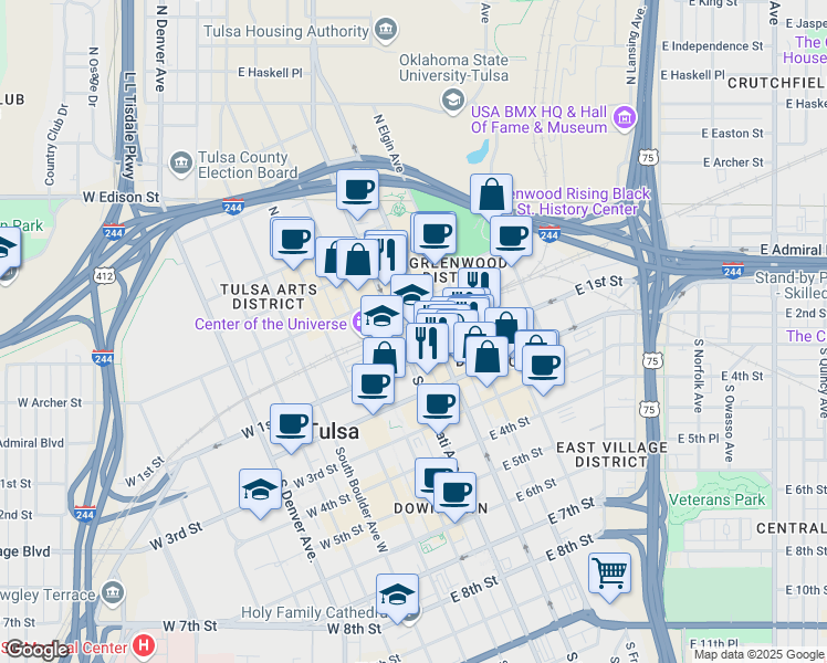 map of restaurants, bars, coffee shops, grocery stores, and more near 2 South Elgin Avenue in Tulsa