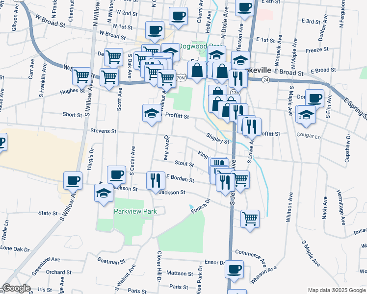 map of restaurants, bars, coffee shops, grocery stores, and more near 325 Lane Avenue in Cookeville