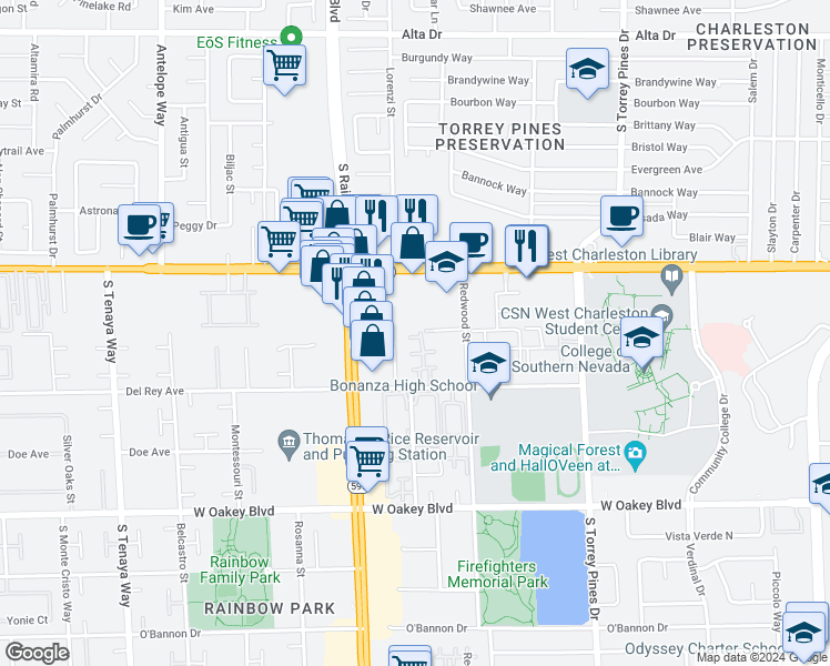 map of restaurants, bars, coffee shops, grocery stores, and more near 6750 Del Rey Avenue in Las Vegas