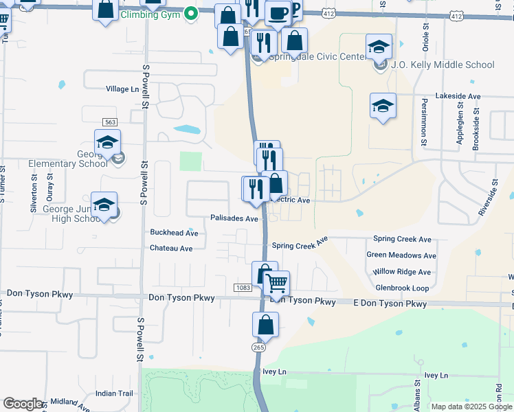 map of restaurants, bars, coffee shops, grocery stores, and more near 3078 South Old Missouri Road in Springdale