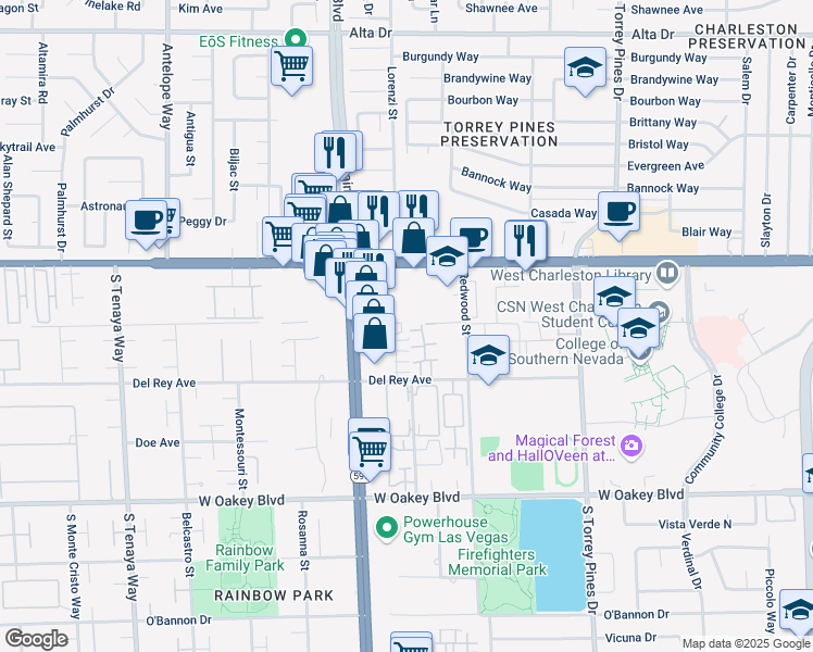 map of restaurants, bars, coffee shops, grocery stores, and more near 1305 Kari Lee Court in Las Vegas