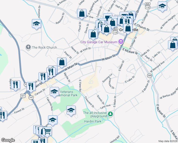 map of restaurants, bars, coffee shops, grocery stores, and more near 204 Aspen Street in Greeneville