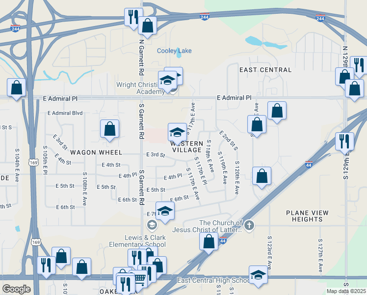 map of restaurants, bars, coffee shops, grocery stores, and more near 202 South 117th East Avenue in Tulsa