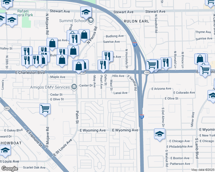 map of restaurants, bars, coffee shops, grocery stores, and more near 1288 Oahu Street in Las Vegas