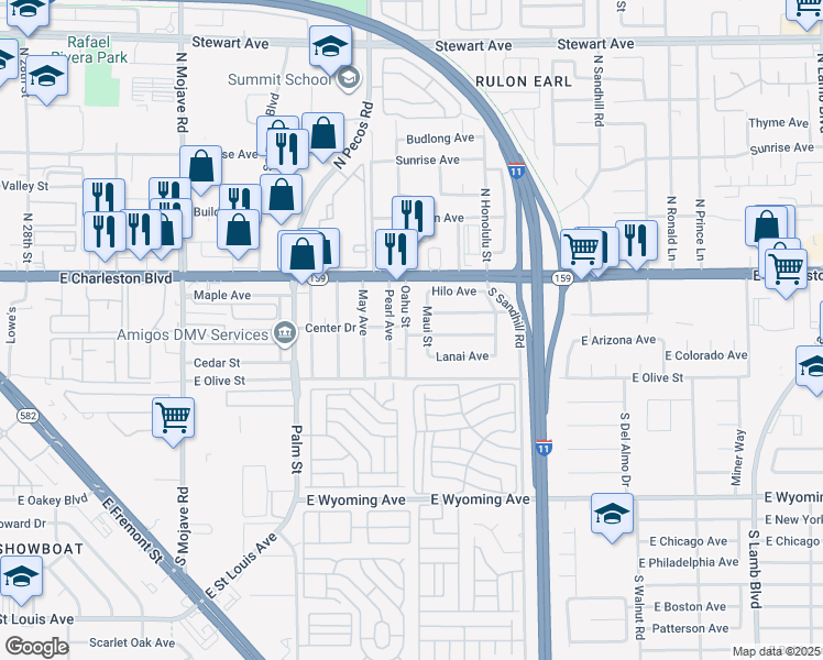 map of restaurants, bars, coffee shops, grocery stores, and more near 1288 Oahu Street in Las Vegas