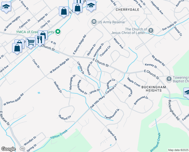 map of restaurants, bars, coffee shops, grocery stores, and more near 217 Pinecrest Drive in Greeneville