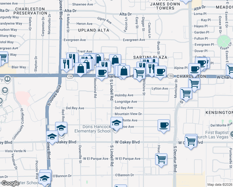 map of restaurants, bars, coffee shops, grocery stores, and more near 5436 Holmby Avenue in Las Vegas