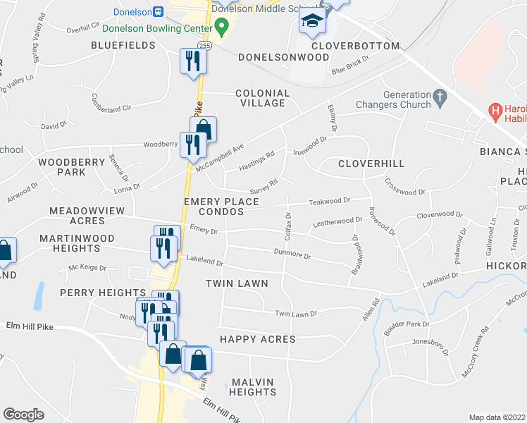 map of restaurants, bars, coffee shops, grocery stores, and more near 719 Kent Road in Nashville