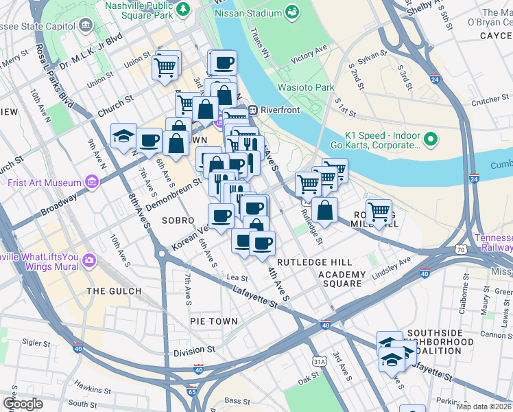 map of restaurants, bars, coffee shops, grocery stores, and more near 405 3rd Avenue South in Nashville