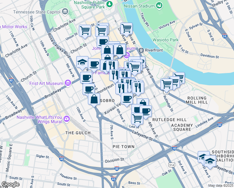map of restaurants, bars, coffee shops, grocery stores, and more near 201 5th Avenue South in Nashville