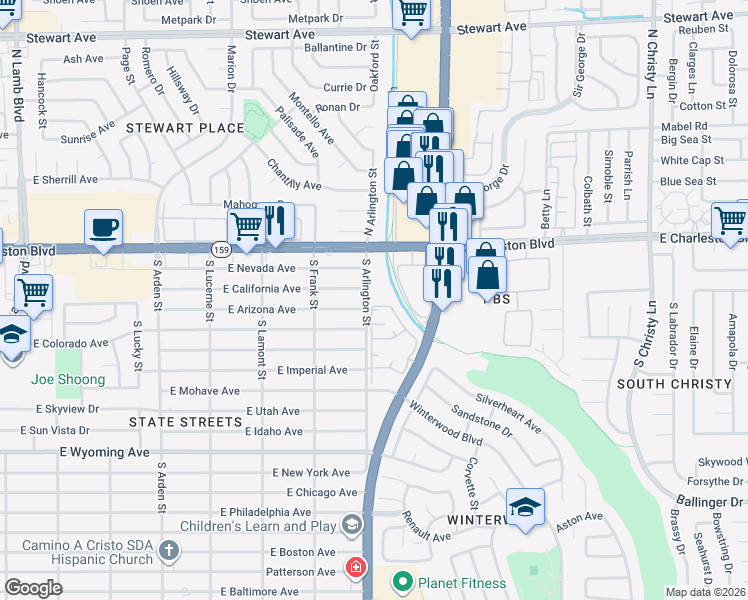 map of restaurants, bars, coffee shops, grocery stores, and more near 1300 South Arlington Street in Las Vegas