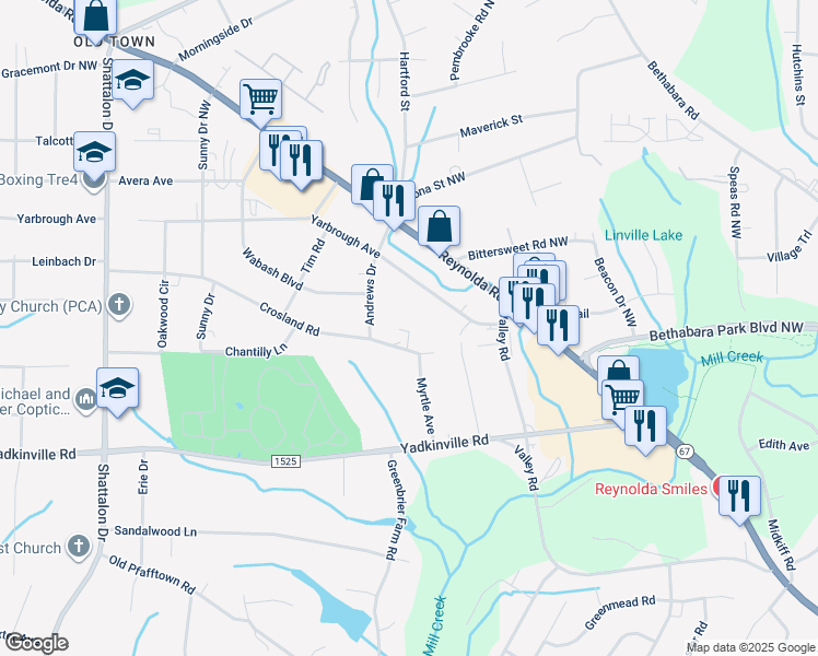 map of restaurants, bars, coffee shops, grocery stores, and more near 3725 Crosland Road in Winston-Salem