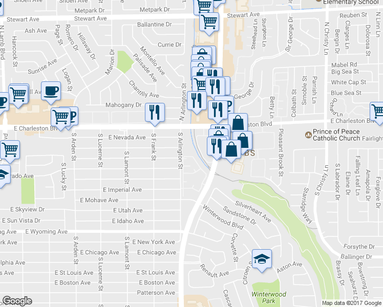 map of restaurants, bars, coffee shops, grocery stores, and more near 1300 South Arlington Street in Las Vegas