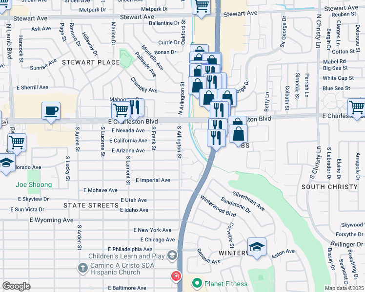 map of restaurants, bars, coffee shops, grocery stores, and more near 1300 South Arlington Street in Las Vegas