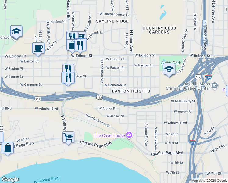 map of restaurants, bars, coffee shops, grocery stores, and more near 1820 West Cameron Street in Tulsa