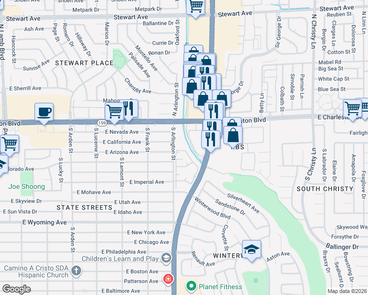 map of restaurants, bars, coffee shops, grocery stores, and more near 1300 South Arlington Street in Las Vegas