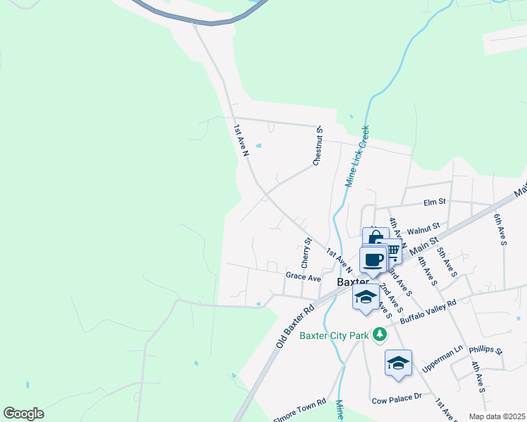 map of restaurants, bars, coffee shops, grocery stores, and more near 390 1st Ave N in Baxter