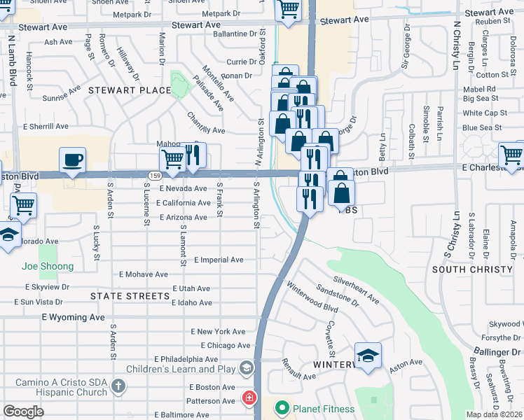 map of restaurants, bars, coffee shops, grocery stores, and more near 1300 South Arlington Street in Las Vegas
