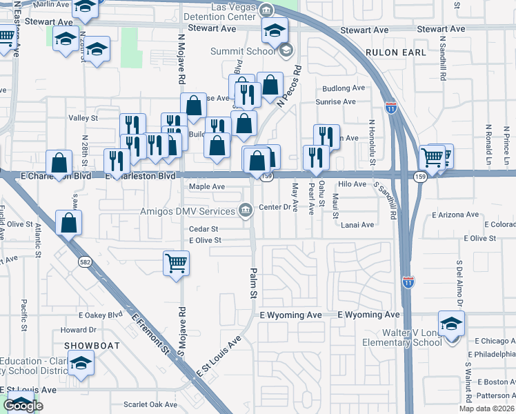 map of restaurants, bars, coffee shops, grocery stores, and more near 3250 Center Drive in Las Vegas