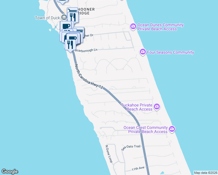 map of restaurants, bars, coffee shops, grocery stores, and more near 113 Plover Drive in Kitty Hawk