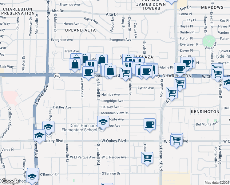 map of restaurants, bars, coffee shops, grocery stores, and more near 5404 Holmby Avenue in Las Vegas