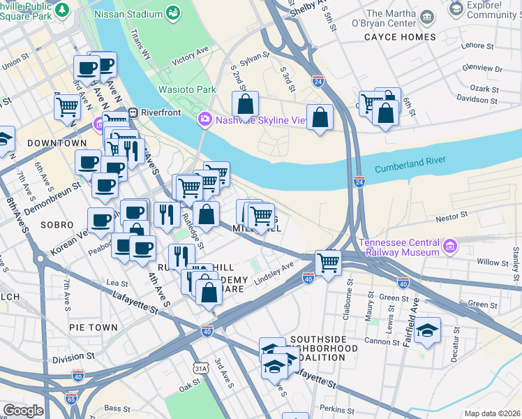 map of restaurants, bars, coffee shops, grocery stores, and more near 215 Middleton Street in Nashville