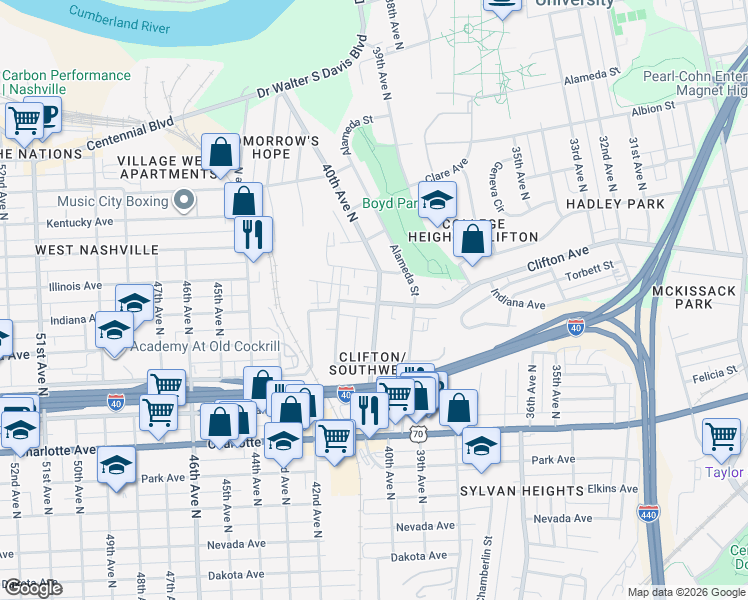 map of restaurants, bars, coffee shops, grocery stores, and more near 4010 Indiana Avenue in Nashville