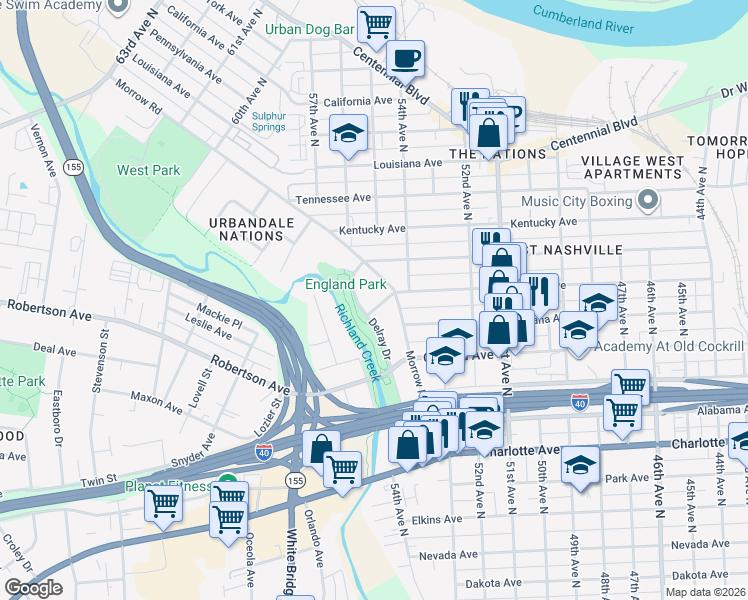 map of restaurants, bars, coffee shops, grocery stores, and more near 5414 Illinois Avenue in Nashville