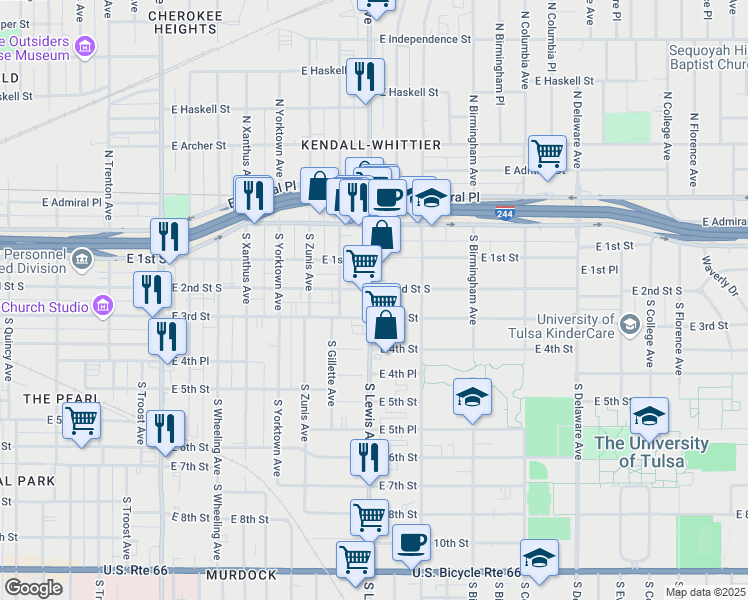 map of restaurants, bars, coffee shops, grocery stores, and more near 201 South Lewis Avenue in Tulsa
