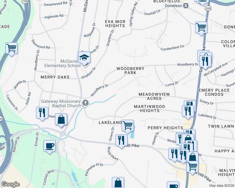 map of restaurants, bars, coffee shops, grocery stores, and more near 2621 Airwood Drive in Nashville