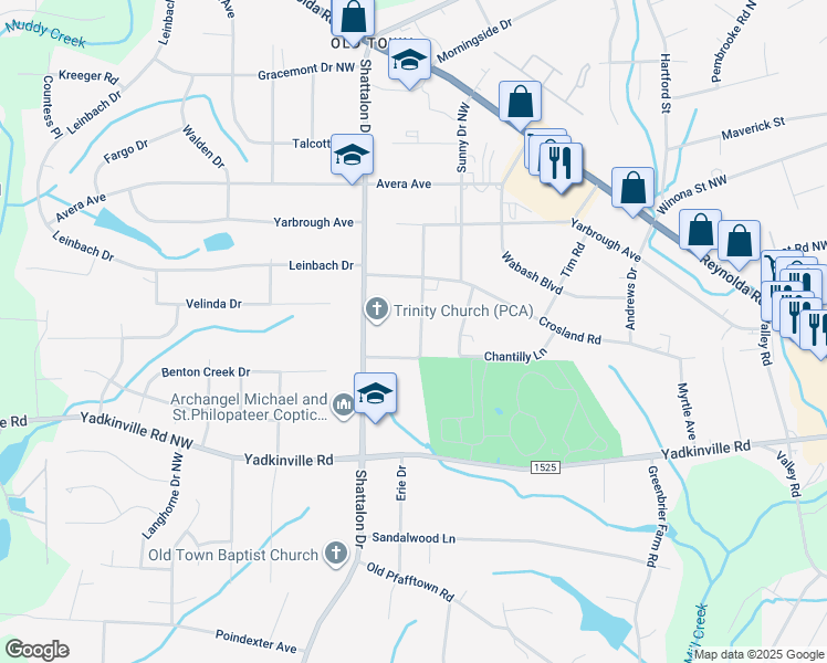 map of restaurants, bars, coffee shops, grocery stores, and more near 4536 Oakwood Circle in Winston-Salem