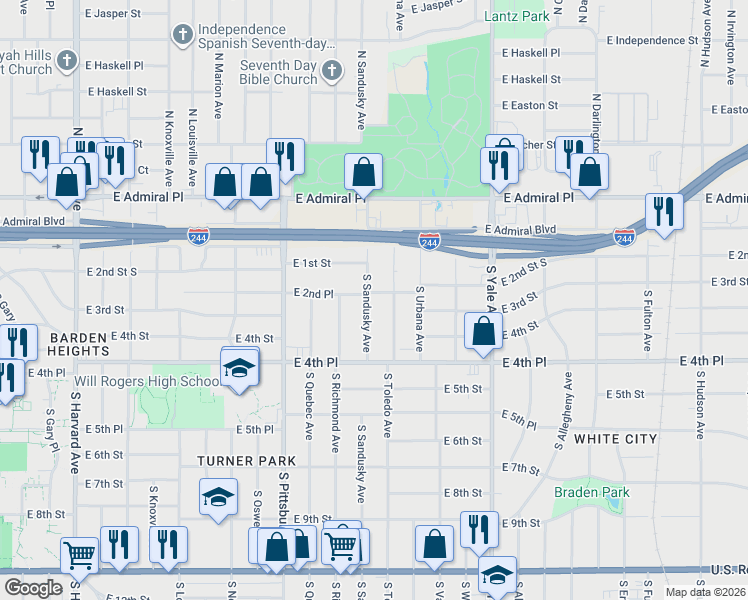 map of restaurants, bars, coffee shops, grocery stores, and more near 4323 East 2nd Place in Tulsa
